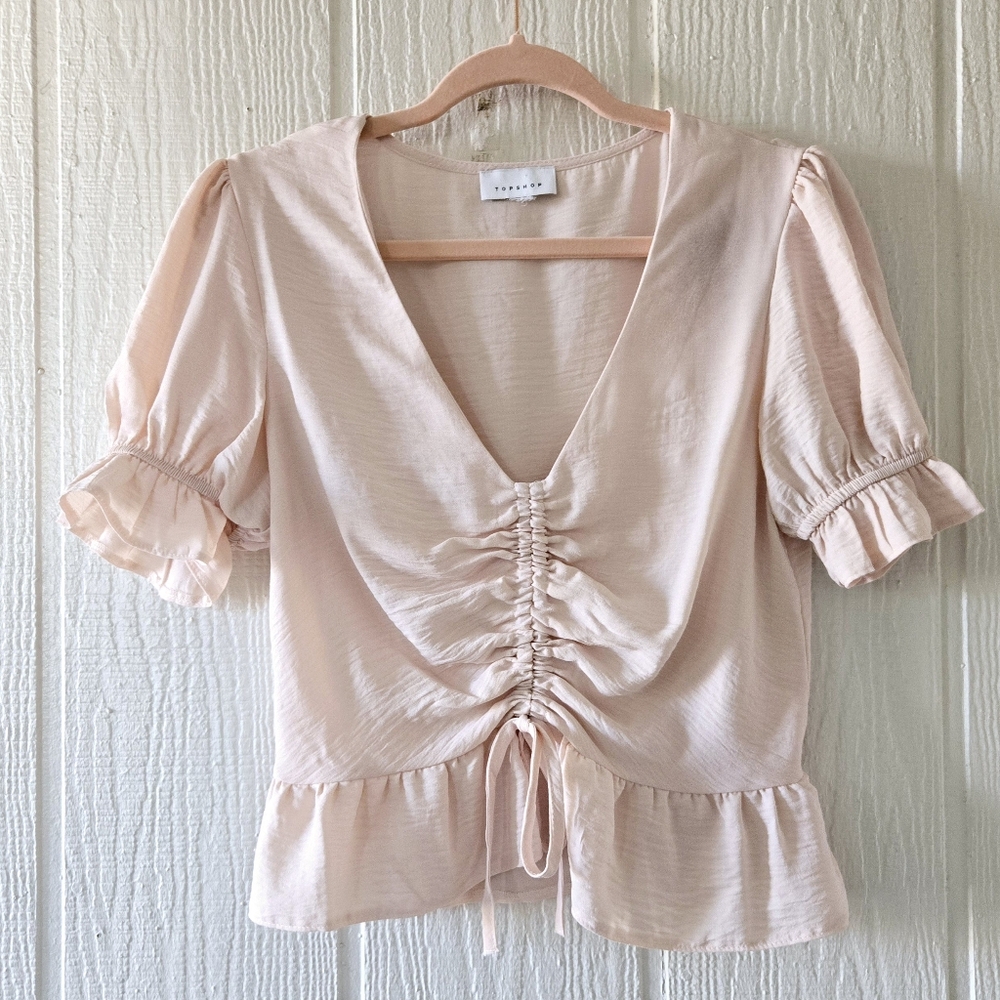 TOPSHOP Peach V Neck Peasant Top Ruched Tie Cropped Short Sleeve Cottage Medium